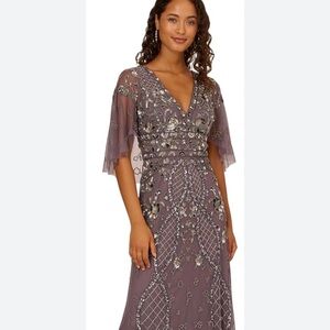 Adrianna Papell Lavender Mauve Beaded V-Neck Maxi Dress